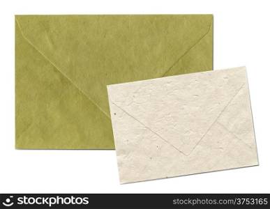 Natural recycled nepalese paper envelopes isolated on white with clipping path - parchment texture. Natural recycled nepalese paper envelopes