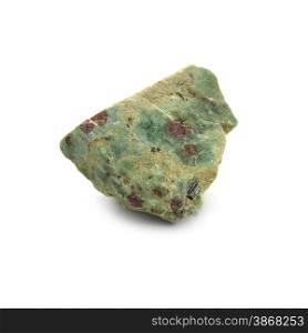Natural rough ruby in zoisite stone on a white background.