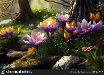 natural setting with crocuses blooming among the greenery, created with generative ai. natural setting with crocuses blooming among the greenery