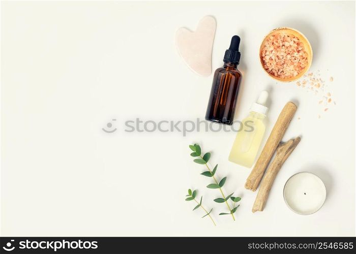 Natural skin care products on white background, flat lay. Concept of organic, zero waste, eco friendly cosmetics
