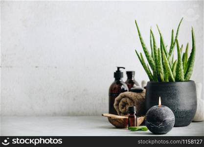 Natural Spa concept with aloe vera, space for text and logo. Aloe Vera, burning candle, essential oil, sea salt, towel, massage stones, body lotions