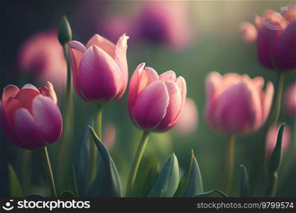 Natural spring light Pink tulips on green. Illustration AI Generative 