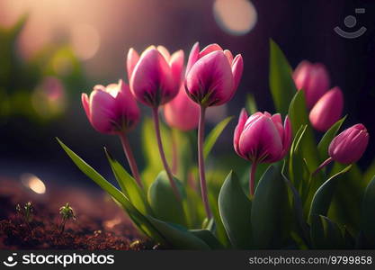 Natural spring light Pink tulips on green. Illustration AI Generative 