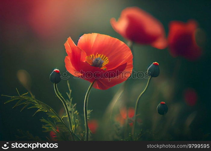 Natural spring light red poppy flowers on green background. Illustration AI Generative 