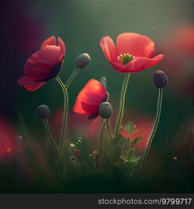 Natural spring light red poppy flowers on green background. Illustration AI Generative 