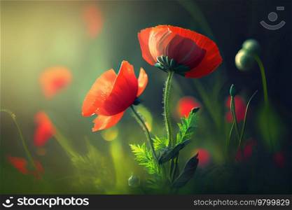 Natural spring light red poppy flowers on green background. Illustration AI Generative 