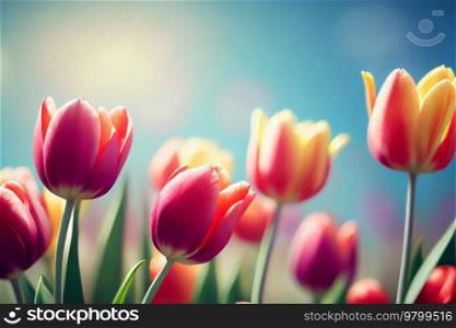Natural spring light red tulips on green. Illustration AI Generative 
