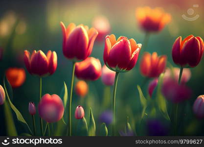Natural spring light red tulips on green. Illustration AI Generative 
