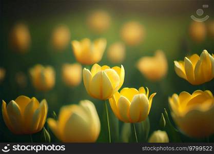 Natural spring light yellow tulips on green. Illustration AI Generative 