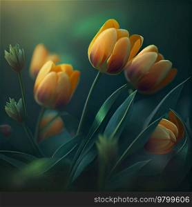 Natural spring light yellow tulips on green. Illustration AI Generative 