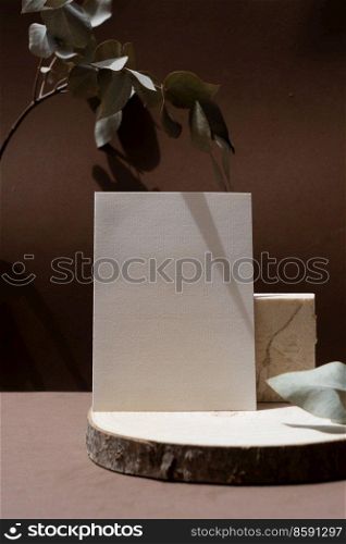 natural styled stock scene in rich brown earth tones, wooden podium with copy space. Ch&agne and grass styled stock scene