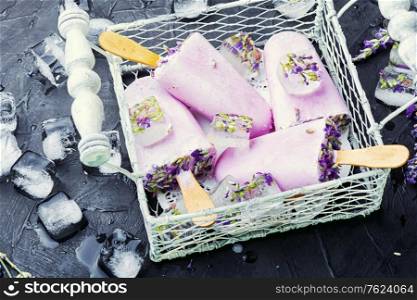Natural summer dessert,ice cream with lavender.Lavender popsicles made with lavender flowers. Homemade ice cream with lavender.
