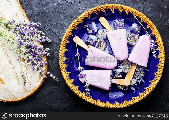 Natural summer dessert,ice cream with lavender.Lavender popsicles made with lavender flowers. Homemade ice cream with lavender.