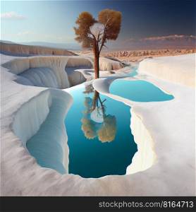 Natural travertine pools and terraces in Pamukkale. Cotton castle in southwestern Turkey. Ai generative. Natural travertine pools and terraces in Pamukkale. Cotton castle in southwestern Turkey