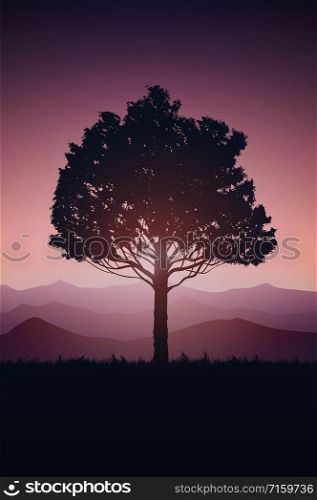 Natural tree forest mountains horizon Landscape wallpaper Sunrise and sunset Illustration vector On comics style Colorful view background