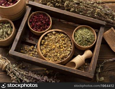 natural various herbs wooden box high view. High resolution photo. natural various herbs wooden box high view. High quality photo