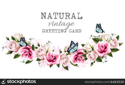 Natural vintage greeting frame with roses. Vector.