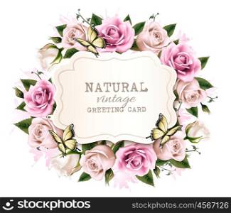 Natural vintage greeting frame with roses. Vector.