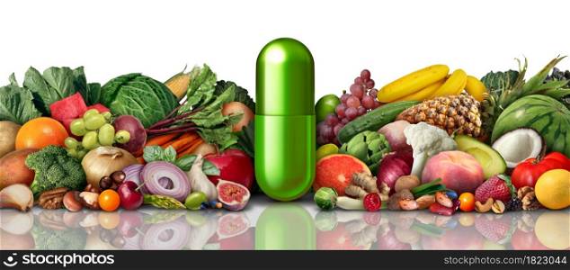 Natural Vitamin nutrition and supplements as a capsule with fruit vegetables nuts and beans inside a nutrient pill as a naturally sourced medicine health treatment with 3D illustration elements.