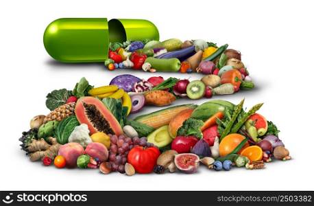 Natural Vitamin nutrition and supplements as a capsule with fruit vegetables nuts and beans inside a nutrient pill as a naturally sourced medicine health treatment with 3D illustration elements.