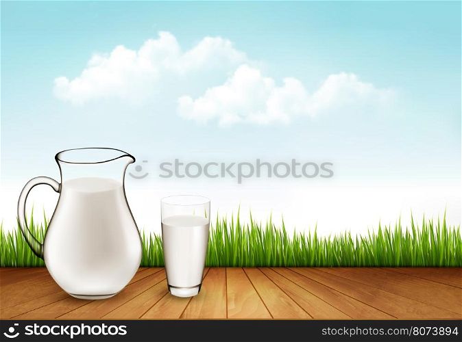Natural Whole Milk In Jug And Glass isolated On Nature Background. Vector