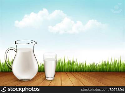 Natural Whole Milk In Jug And Glass isolated On Nature Background. Vector