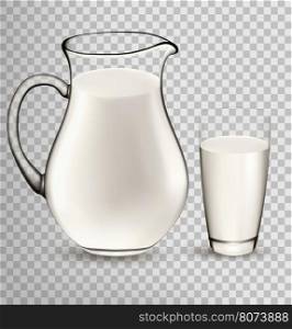 Natural Whole Milk In Jug And Glass isolated On Transparent Background. Vector