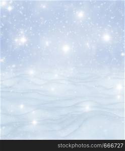 Natural Winter Christmas background with blue sky, heavy snowfall, snowflakes in different shapes and forms, snowdrifts. Winter landscape with falling christmas shining beautiful snow