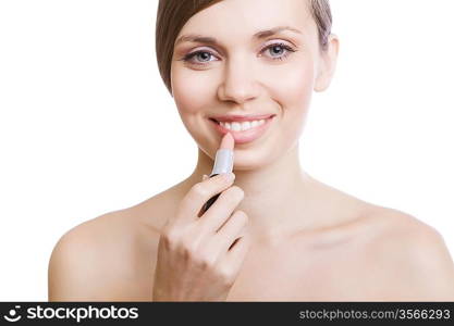 natural woman with lipstick on white background