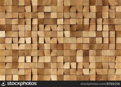 Natural wooden background. Wood blocks. Wall Paneling texture. Wood texture squares, tile wallpaper. 3D Rendering