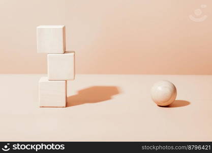  natural wooden cubes and ball, neutral beige geometric details scene for product presentation. mock up for sale or advertizing.  natural wooden cubes and ball, neutral beige geometric details scene for product presentation. mock up for sale or advertizing. 