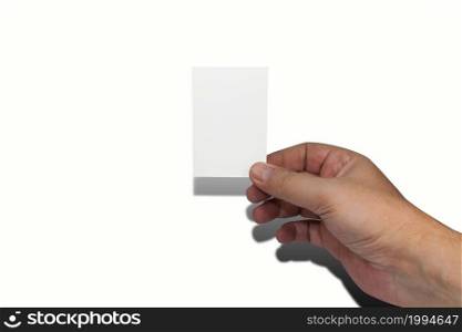 Naturally groomed male hand holding a blank white business card. Room for copy.