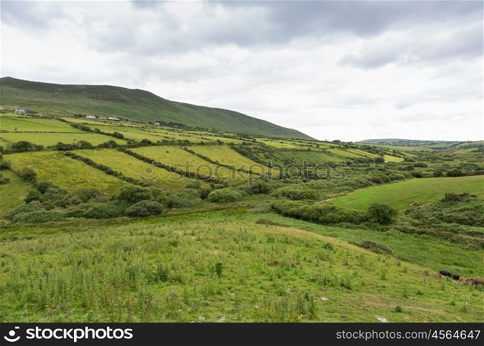 nature, agriculture, countryside and landscape concept - view to farmland fields and hills at wild atlantic way in ireland