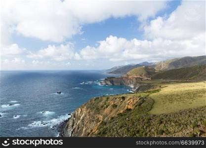 nature and landscape concept - beautiful view of big sur coast in california and bixby creek bridge. beautiful view of big sur coast in california
