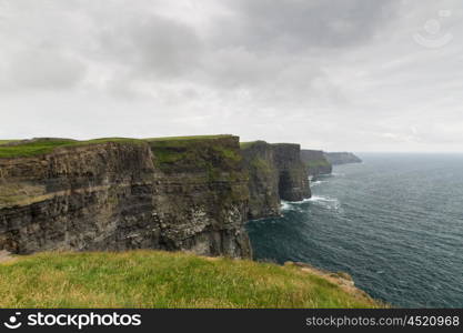 nature and landscape concept - view to cliffs of moher and atlantic ocean in ireland. cliffs of moher and atlantic ocean in ireland