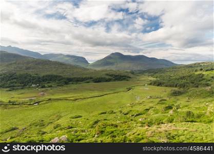 nature and landscape concept - view to plain with lake or river at Killarney National Park valley in ireland. river at Killarney National Park valley in ireland
