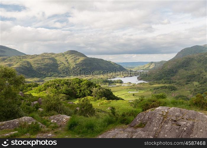 nature and landscape concept - view to river valley at Killarney National Park in ireland. river at Killarney National Park valley in ireland