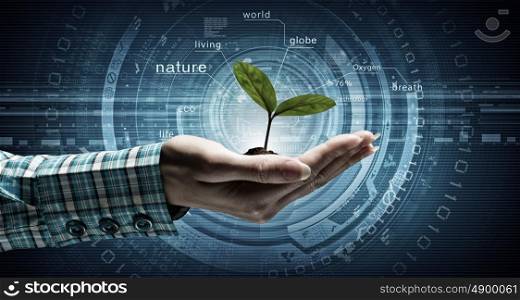 Nature and technology interaction. Close view of woman holding green sprout in palms