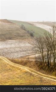 Nature autumn or winter landscape. Countryside view frosty hilly fields with trees overcast foggy day