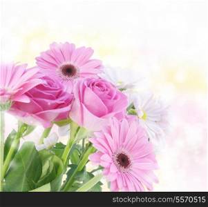 Nature background with a bouquet of pink flowers