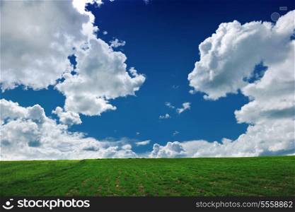 nature background with field of green grass and perfect blue sky with clouds