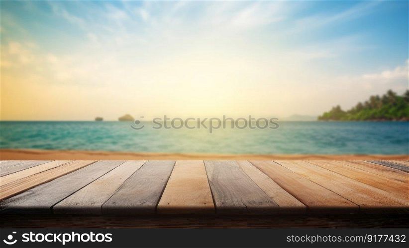 Nature background with wood table. Illustration Generative AI
