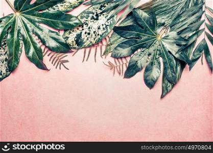 Nature border with various jungle leaves on pastel pink background, top view