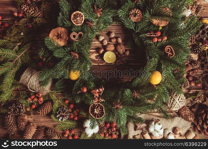 Nature components wreath - preparation for making natural eco decorations. Nature wreath making