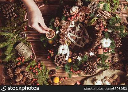 Nature components wreath - preparation for making natural eco decorations. Nature wreath making