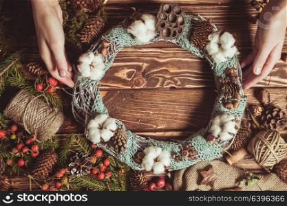 Nature components wreath - preparation for making natural eco decorations with lace. Nature wreath making