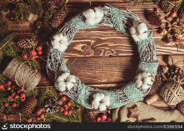 Nature components wreath - preparation for making natural eco decorations with lace. Nature wreath making