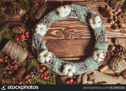 Nature components wreath - preparation for making natural eco decorations with lace. Nature wreath making