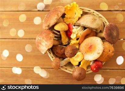 nature, environment and harvest concept - basket of different edible mushrooms on wooden table. basket of different edible mushrooms on wood