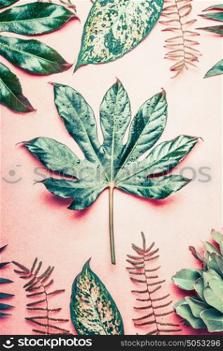 Nature flat lay with tropical plants and leaves on pastel pink background, top view